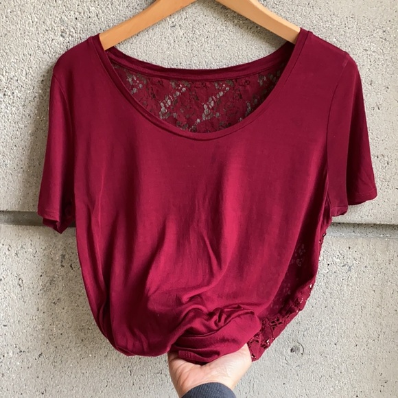 Deep red scoop neck top with sheer lace back - Picture 3 of 12